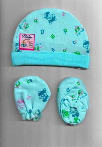 Sky Blue Cotton Baby Cap Mitten Booties Set, 1 Cap And 2 Booties In A Set