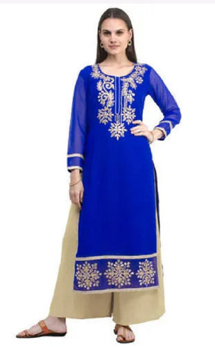 3/4th Sleeves Round Neck Embroidered Georgette Long Kurti For Ladies