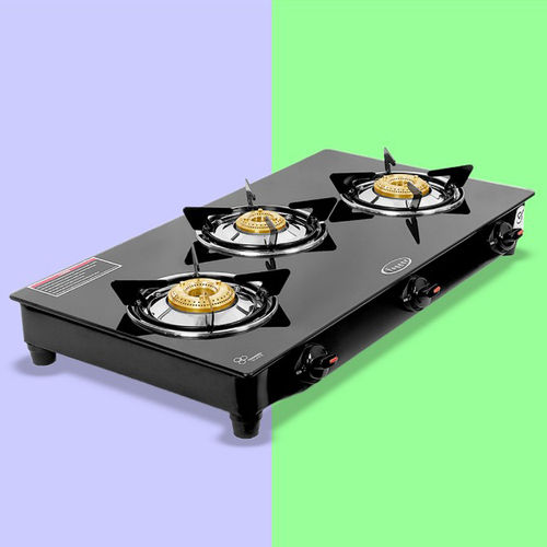 Black Finish Glass Top Three Burner Gas Stove With Dip Tray And Pan Support