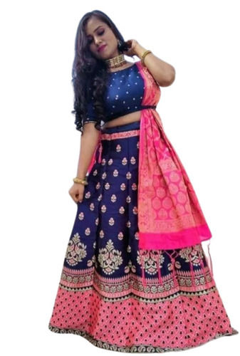 Multi Color Cool Pass Round Neck Short Sleeves Party Wear Jacquard Lehenga For Ladies 