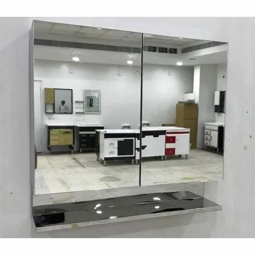 Silver Finish Stainless Steel Bathroom Mirror Cabinet With Rectangular Shape