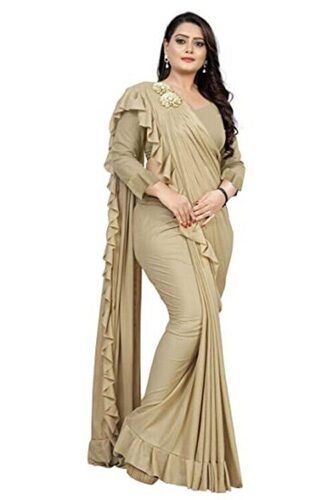 Golden Women Washable Bollywood Style Plain Party Wear Lycra Sarees With Blouse