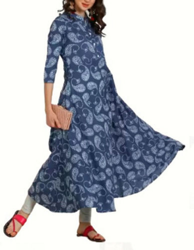 Blue 4-5Th Sleeves Designer Polyester Printed Comfortable Western Dress