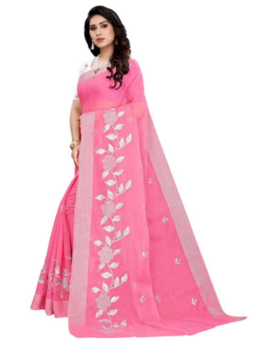 Pink Casual Wear Comfortable Bollywood Embroidered Cotton Saree With Blouse