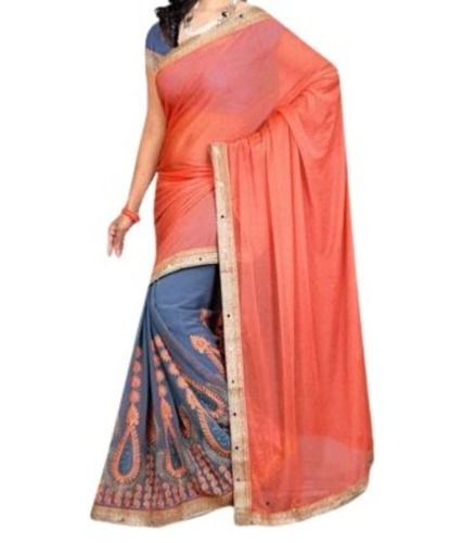 Orange Comfortable Party Wear Satin Cotton Silk Patch Work Embroidered Saree