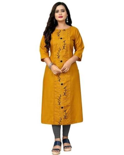 Ladies Casual Wear 3/4th Sleeves Washable A Line Embroidered Cotton Kurti