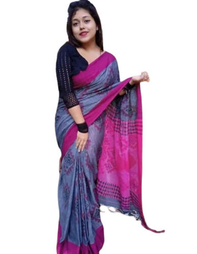 Automatic Ladies Comfort Fit Patch Work Floral Print Daily Wear Cotton Saree With Blouse