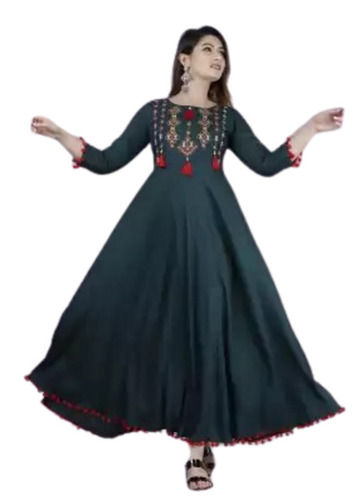 Ladies Party Wear 3/4th Sleeves Embroidered Rayon Anarkali Kurti