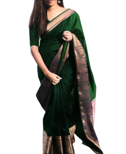 Green Party Wear Plain Comfortable Cotton Silk Banarasi Saree With Blouse