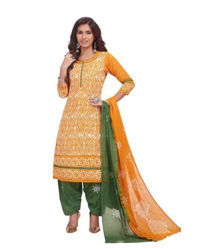 Round Neck 3/4th Sleeve Printed Soft Cotton Salwar Suit For Ladies