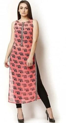 Multicolor Skin Friendly Sleeveless And Round Neck Type Printed Chiffon Kurti For Ladies