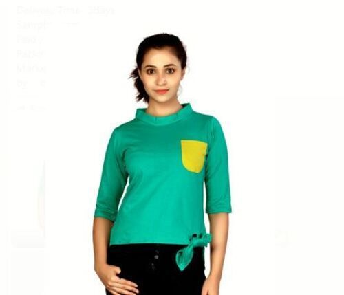 Sea Green Ladies Regular Fit 3/4Th Sleeves Round Neck Casual Wear Western Top