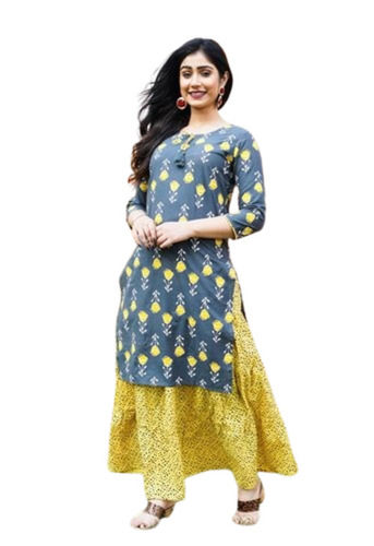 Multicolor Washable 3-4Th Sleeves Daily Wear Printed Soft Rayon Kurti With Skirt Ladies