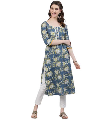 Multicolor Ladies 3/4Th Sleeves Regular Fit Washable Floral Printed Cotton Kurti