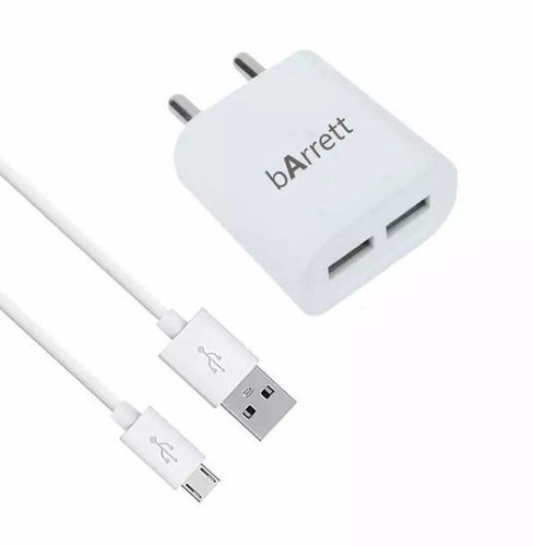 5 Volt 2.5 Ampere Fast Charging USB Dual Port Mobile Charger With Data Cable - Plastic Body, Compact Size, Dual Device Charging Capability