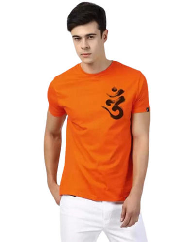 Orange Casual Wear Regular Fit Short Sleeves O Neck Printed Lycra T Shirts For Men