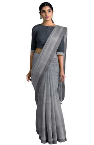 Grey Ladies Formal Wear Handwoven Plain Cotton Saree With Blouse