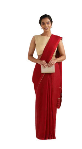 Red 5.5 Meter Long Skin Friendly Formal Wear Plain Chiffon Saree For Ladies