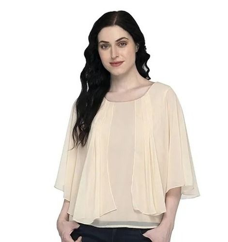 Breathable Casual Wear Round Neck 3/4 Sleeves Plain Georgette Top For Women