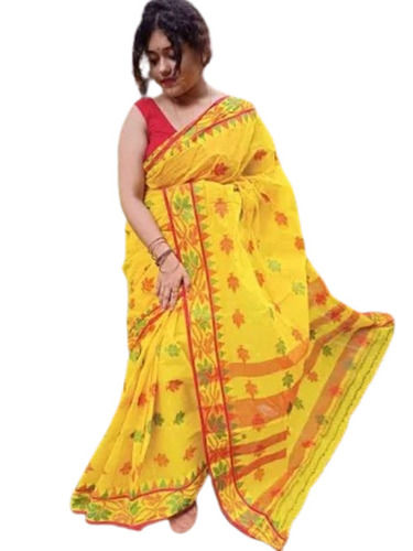 Yellow Casual Wear Cotton Blend Jamdani Saree With Unstitched Blouse