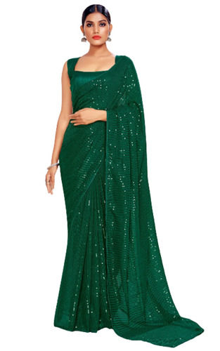 Green Light Weight Party Wear Sequin Work Georgette Saree With Blouse Piece