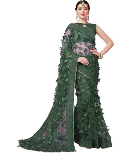 Dark Green Party Wear Embroidery Unfadable Net Saree With Unstitched Blouse