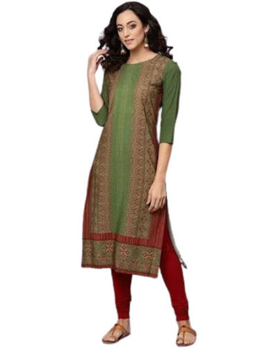 Multi Color 3/4Th Sleeve 40 Inches Long Formal Wear Printed Cotton Crepe Kurti