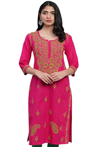 Breathable and 3/4 Sleeves Casual Wear Cotton Embroidered Kurti for Ladies