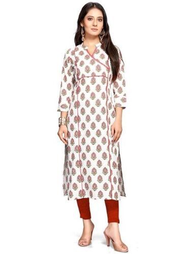 Multicolor Collar Neck Three Fourth Sleeves Printed Cotton Kurti For Ladies