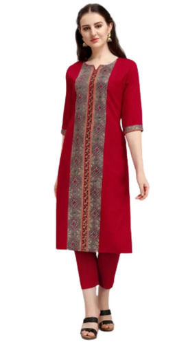 Red Comfortable And 3/4 Sleeves Casual Wear Printed Silk Kurti For Ladies 