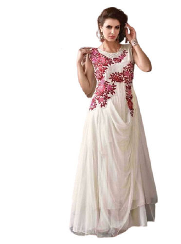 Ladies Embroidered Round Neck Sleeveless Regular Fit Party Wear Long Gown