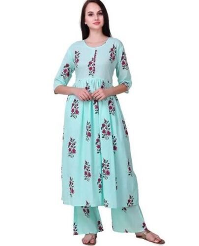 Three Fourth Sleeve Party Wear Round Neck Printed Cotton Palazzo Suit For Ladies