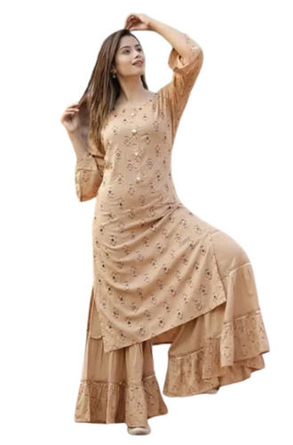 Beige Breathable Rayon 3/4 Sleeves Printed Sharara Suit For Ladies