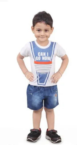 Casual Wear Multi Color Denim Shorts And Cotton T-Shirt Dress For Baby Boy - Cotton Material Small Size White and Blue Color | Modern Design for Party Wear Ages 0-2 Years