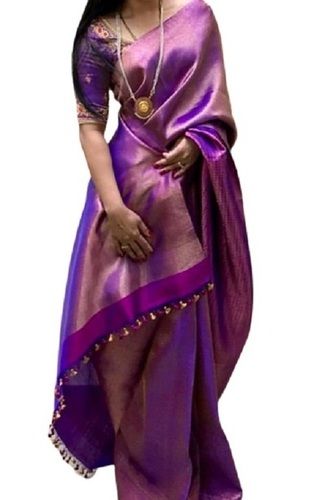 Ladies Skin Friendly Festive Wear Violet Plain Beads Banarasi Silk Saree