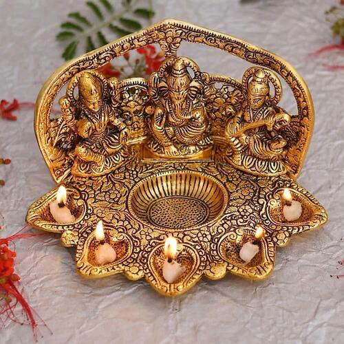 Metal Handmade Laxmi Ganesh Saraswati Idol With 5 Diya on Frame for Pooja Home, Office and Shop