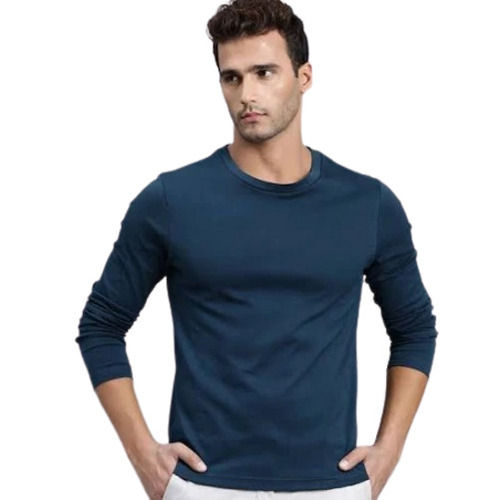 Blue Shrink Resistance Full Sleeves O Neck Casual Wear Polyester T Shirt For Mens 