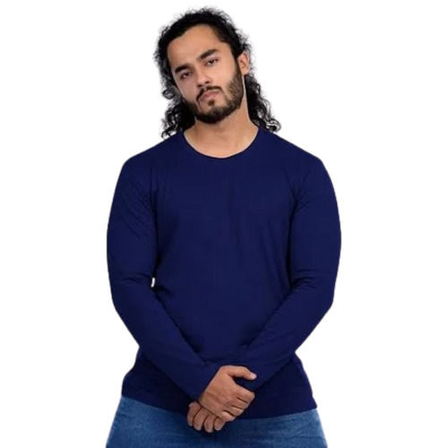 Blue Breathable Long Sleeves Soft Cotton O Neck Plain Casual T Shirts For Men