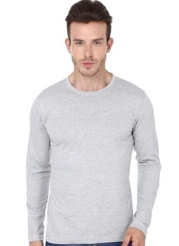 Grey Lightweight Casual Wear Round Neck Cotton Full Sleeve T Shirt For Men