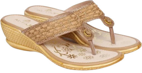 Golden Comfortable And Stylish Pvc Sole Medium Heel Embroidered Sandal For Ladies