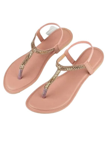 Peach Comfortable And Stylish Rubber Sole Pu Flat Sandal For Ladies