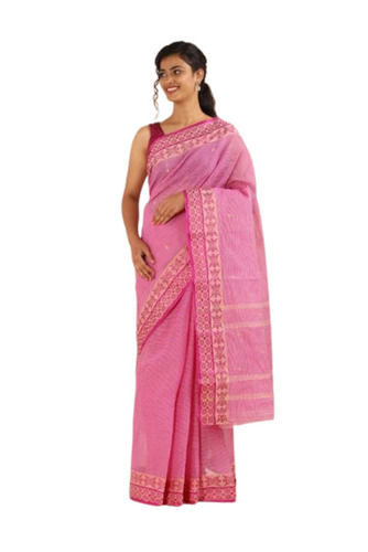 Pink Ladies Skin Friendly Festive Wear Printed Soft Cotton Saree With Unstitched Blouse