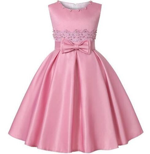 Skin Friendly Sleeveless Round Neck Party Wear Satin Pink Frock For Girls  Age Group: 5-10