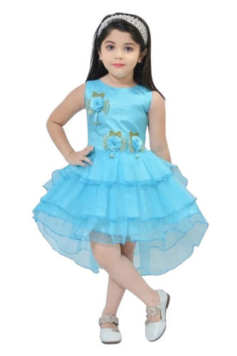 Aqua Blue Party Wear Round Neck Sleeveless Silk And Net Frocks For Kids