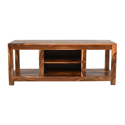 Handmade Rectangular Wooden TV Table With Under Shelves For Home