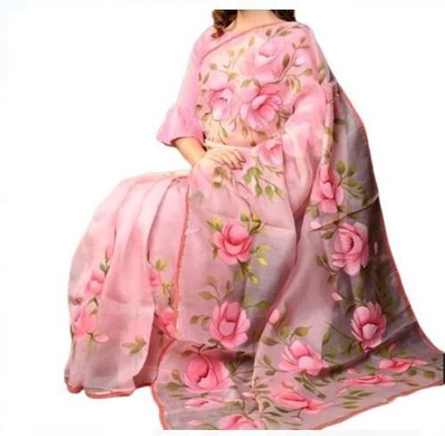 Pink Ladies Skin Friendly Party Wear Floral Printed Polyester Saree With Blouse 