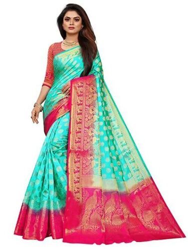 Green And Pink Lightweight Traditional Wear Zari Work Kanchipuram Silk Saree For Ladies 