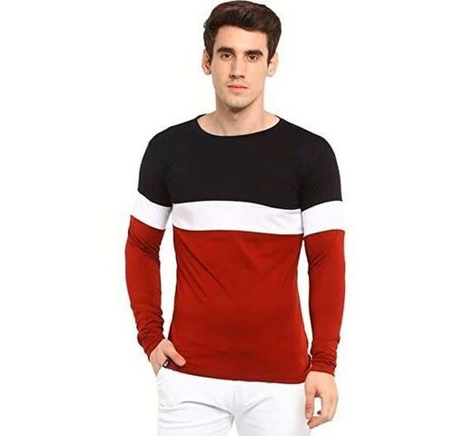 Multi Color Long Sleeves Round Neck Striped Poly Cotton Casual Men'S T-Shirts