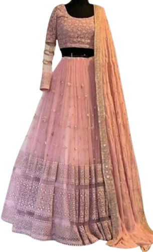 Peach  Cool Pass Party Wear Georgette And Net Embroidered Lehenga For Ladies