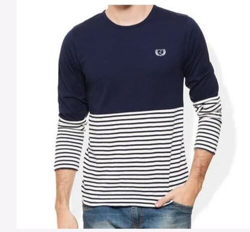 White And Blue Casual Wear Round Neck Printed Cotton Full Sleeve T Shirts For Men 